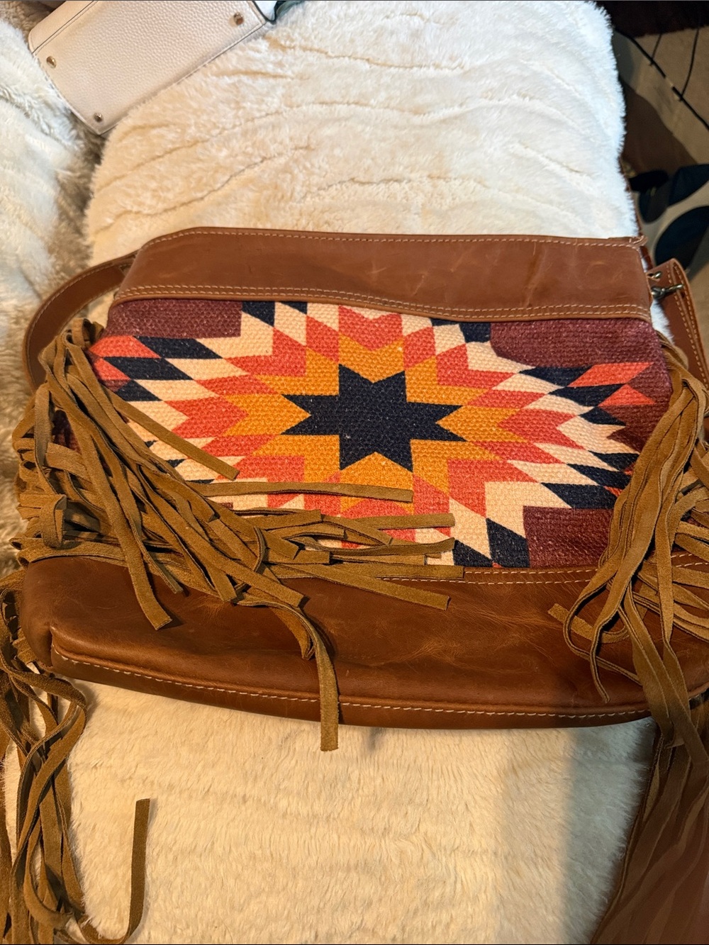 Fringe Crossbody Bag with Southwestern Star Pattern in Brown and Multi